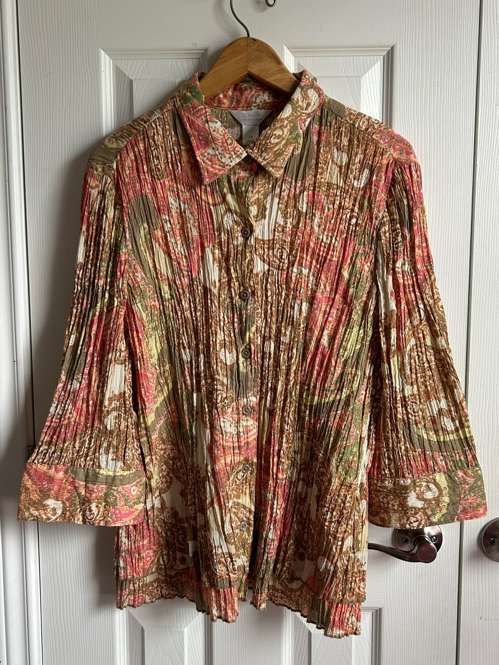 C.J. Banks bohemian pleated paisley bell sleeve button up blouse